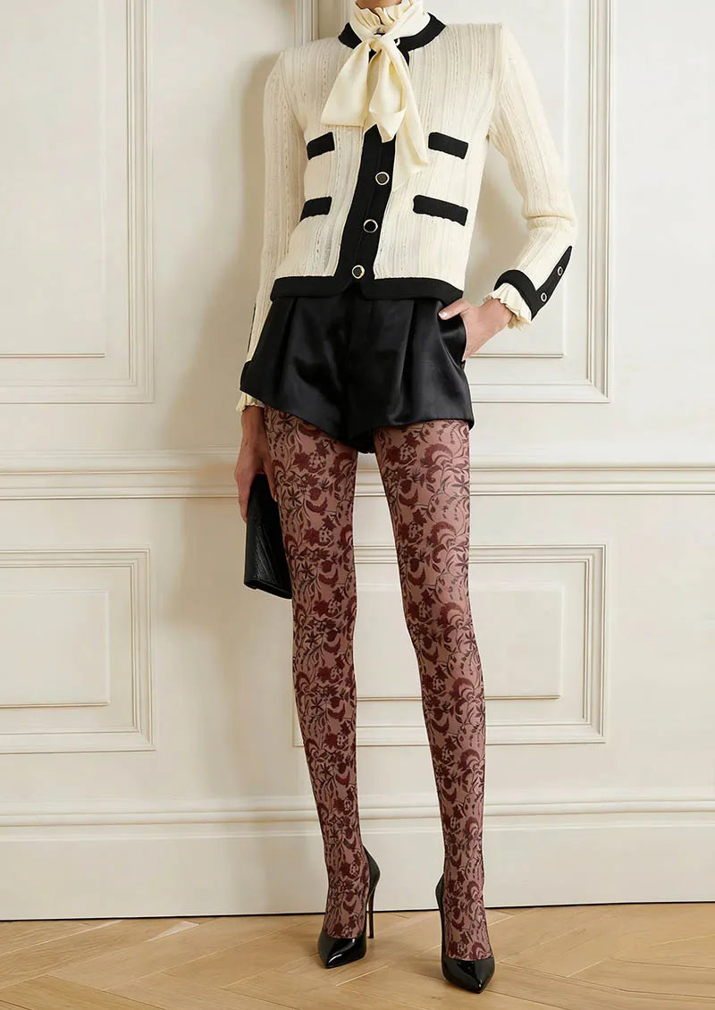 Model wearing Brown Floral Pattern Vintage Petals Tights in a styled outfit