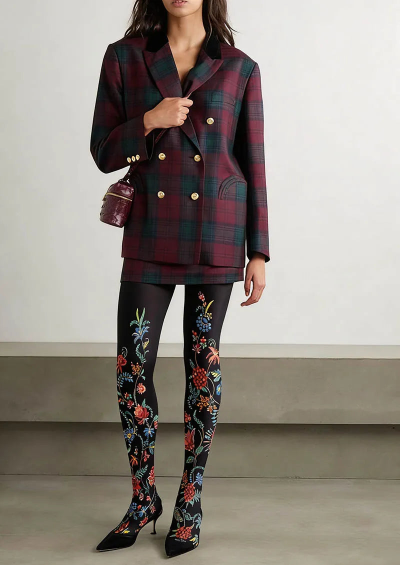 Exotic Floral Black Tights Hosiery Pantyhose