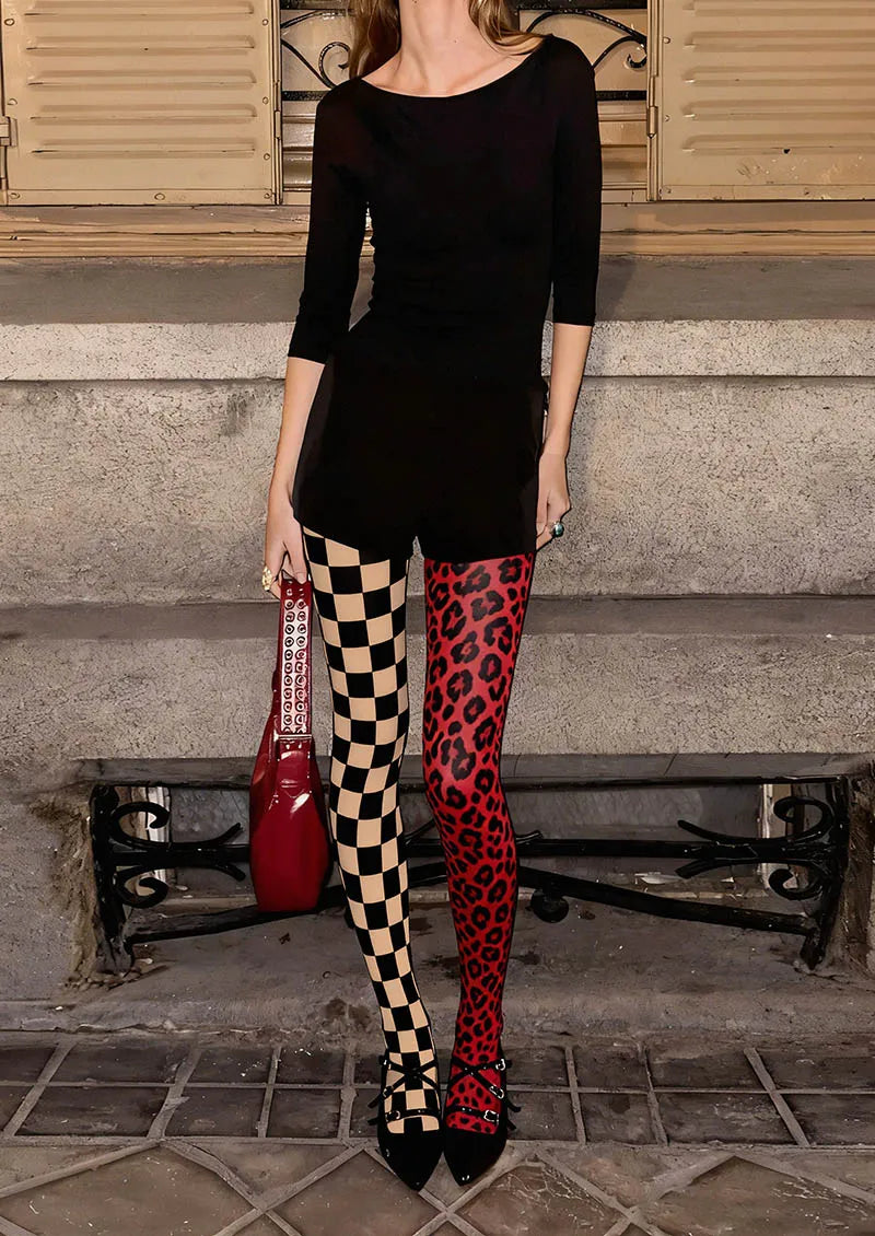Geometric Art Split Checker Tights Hosiery Pantyhose
