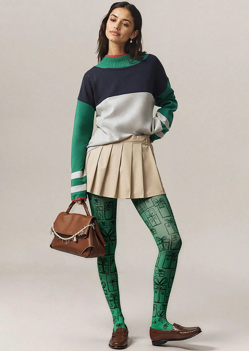 Christmas Fun Art Pine Carol Tights Hosiery Pantyhose