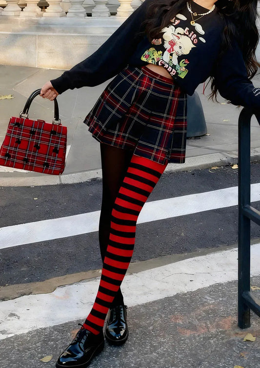 Black-Red Split Stripes Tights Hosiery Pantyhose
