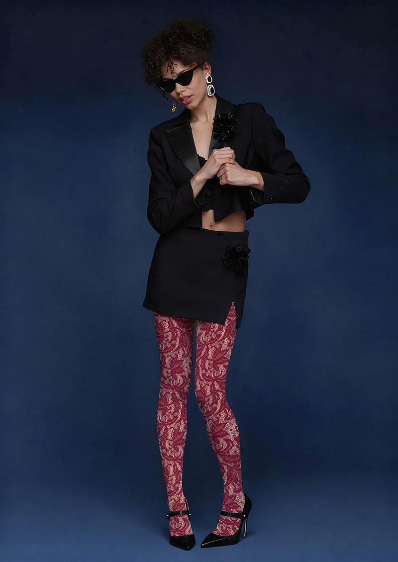 Lace Print Rose Grid Tights Hosiery Pantyhose