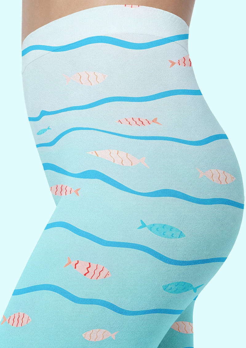 Ocean Wave Fish Print Footless Tights Hosiery Leggings