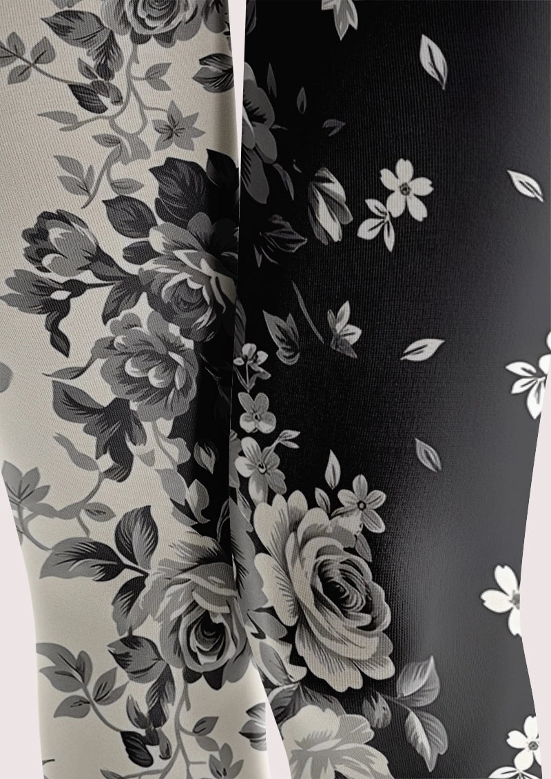 Asymmetric Black and Ivory Rose Print Footless Tights Hosiery Leggings