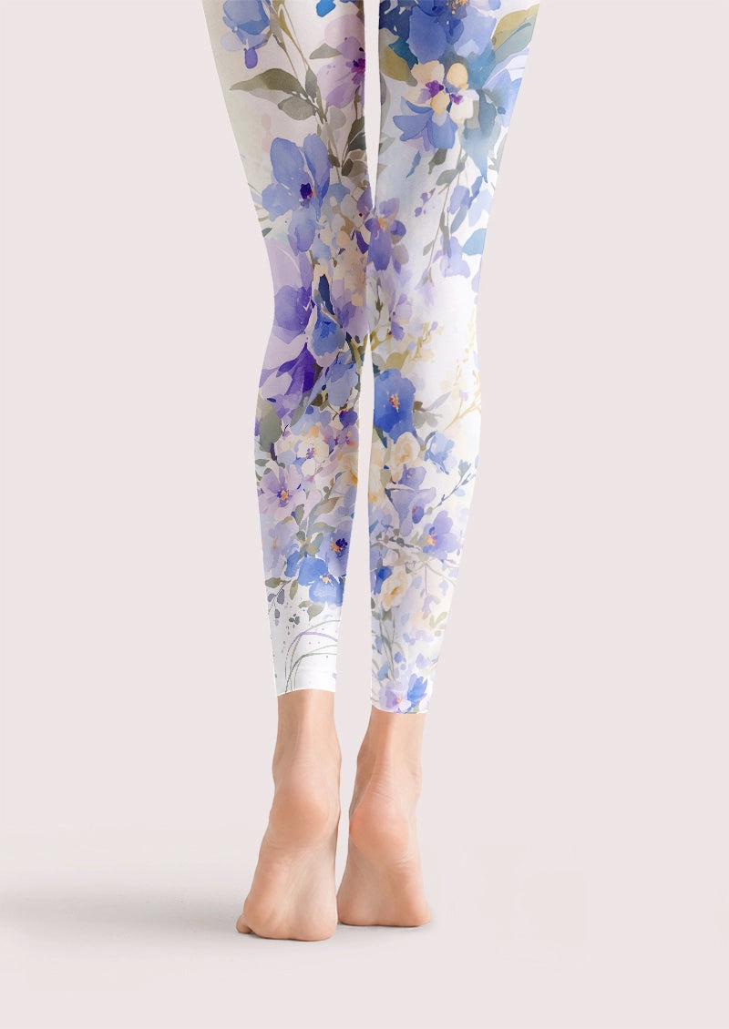 White Blue Watercolor Floral Footless Tights