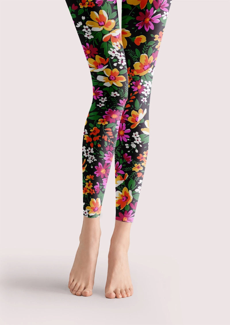 Vibrant Multicolor Botanical Floral Print Footless Tights Hosiery Leggings