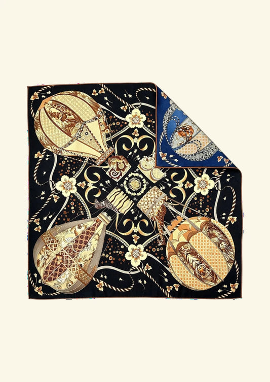 Navy & Gold Hot Air Balloon Wool & Silk Square Scarf