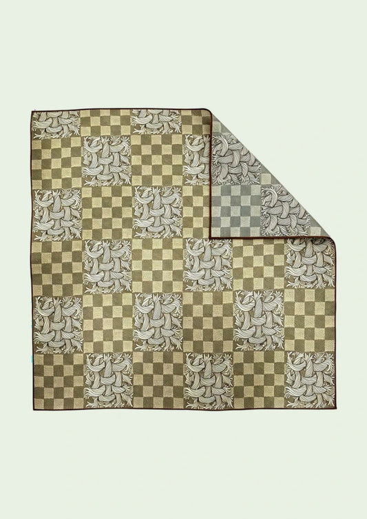 Olive & Ivory Checkerboard Scroll Wool & Silk Square Scarf