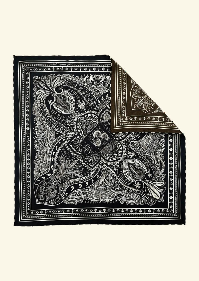 Black & Ivory Ornamental Paisley Wool & Silk Square Scarf