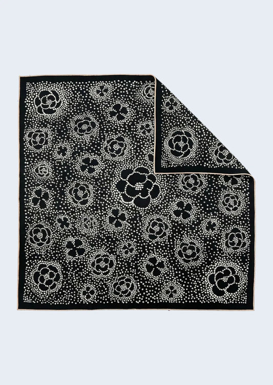 Black & Ivory Dotted Floral Wool & Silk Square Scarf
