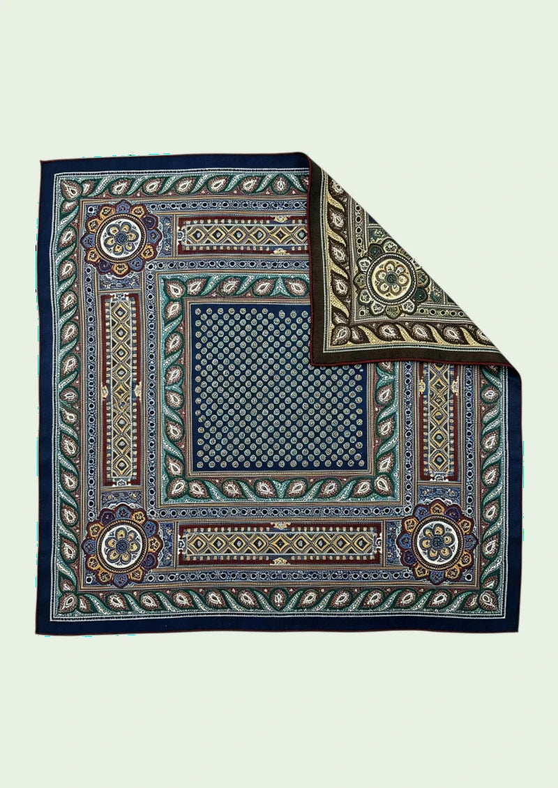 Navy Ornamental Medallion Wool & Silk Square Scarf