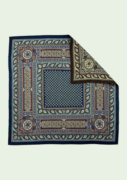 Navy Ornamental Medallion Wool & Silk Square Scarf