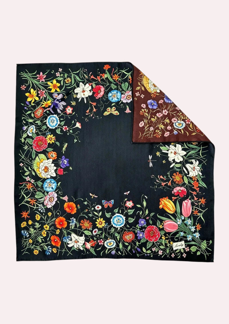 Black Wildflower Border Wool & Silk Square Scarf