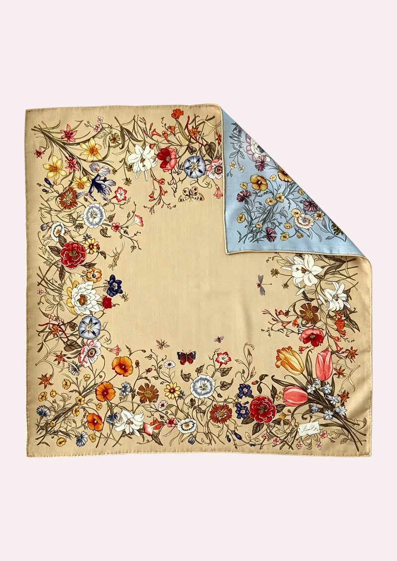 Champagne Wildflower Border Wool & Silk Square Scarf