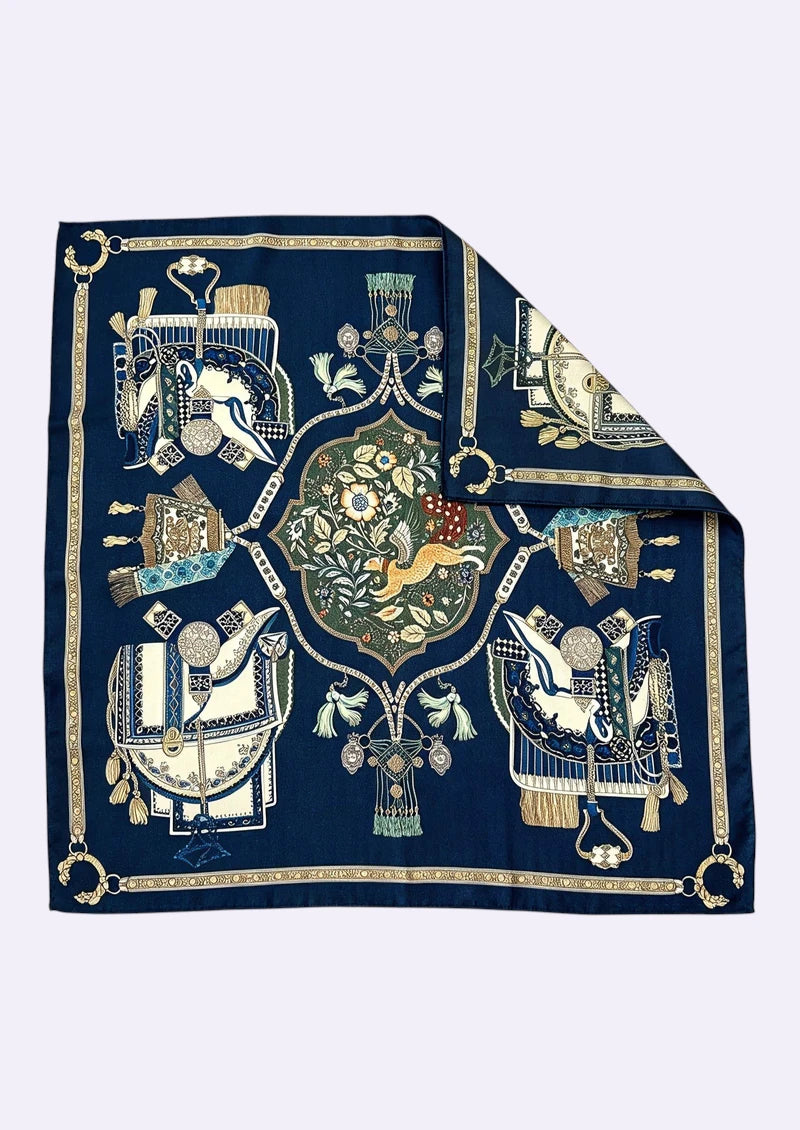 Navy Equestrian Medallion Wool & Silk Square Scarf