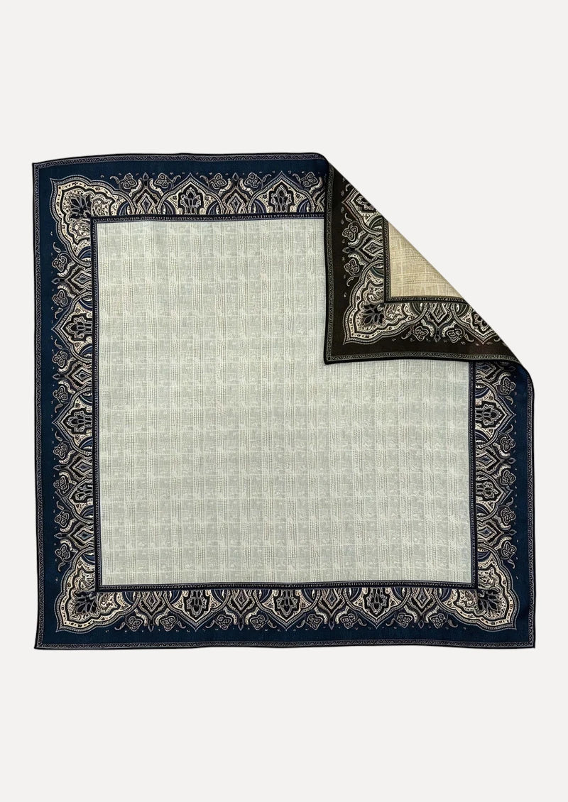 Silver Gray & Navy Ornamental Border Wool & Silk Square Scarf