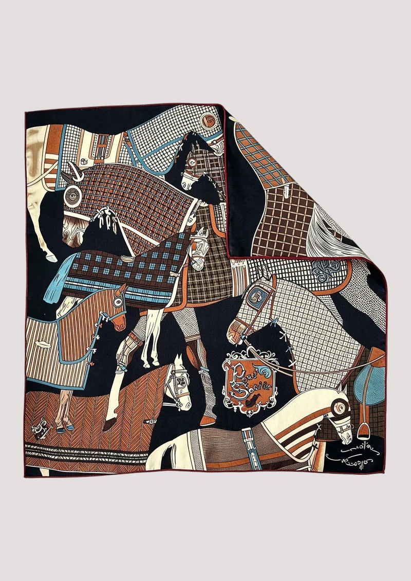 Navy Equestrian Horse Wool & Silk Square Scarf