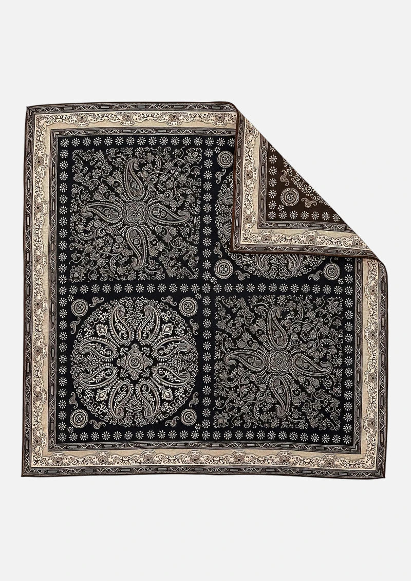 Black & Beige Paisley Medallion Wool & Silk Square Scarf