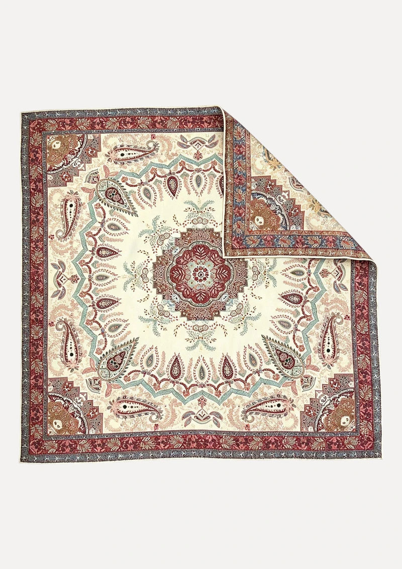 Ivory & Burgundy Paisley Medallion Wool & Silk Square Scarf