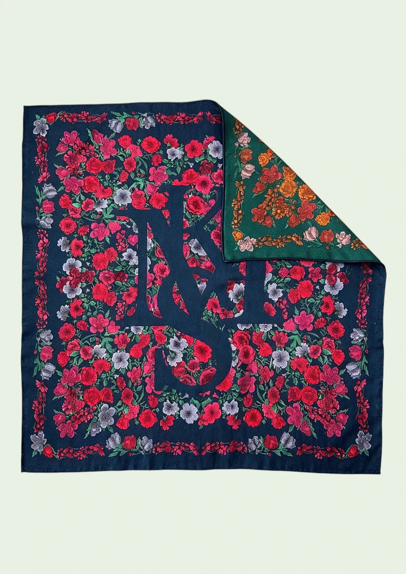 Navy Vibrant Floral Wool & Silk Square Scarf