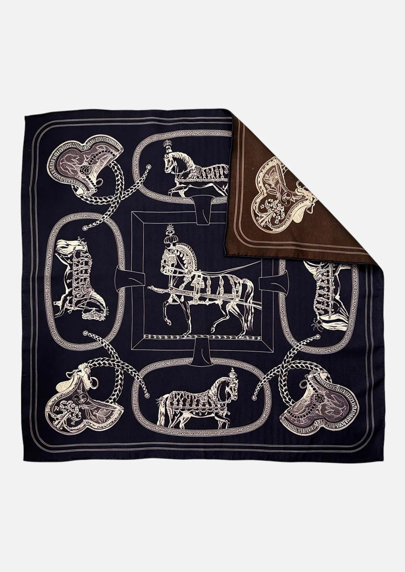 Navy Horse & Saddle Wool & Silk Square Scarf