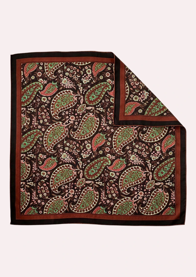 Brown & Green Floral Paisley Wool & Silk Square Scarf