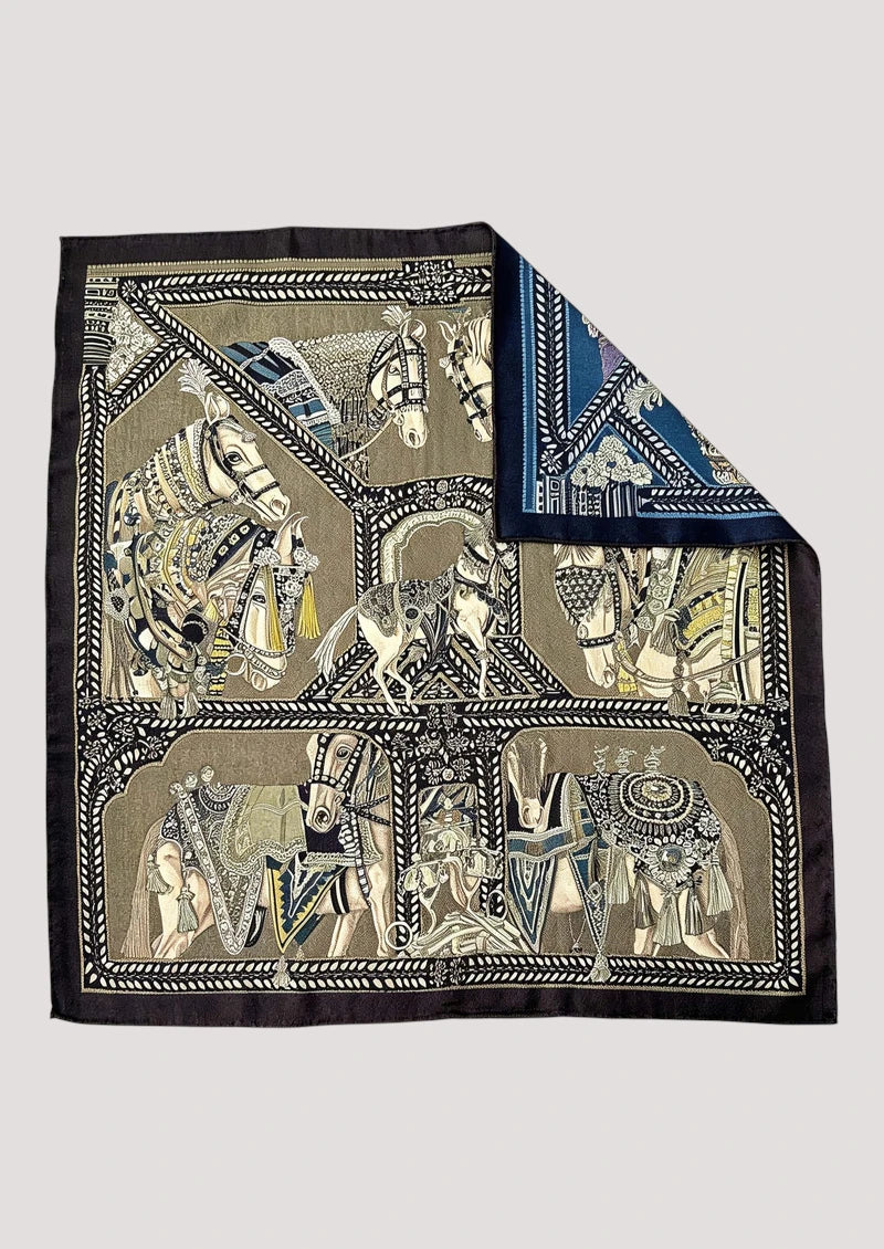 Taupe Ornate Horse Wool & Silk Square Scarf