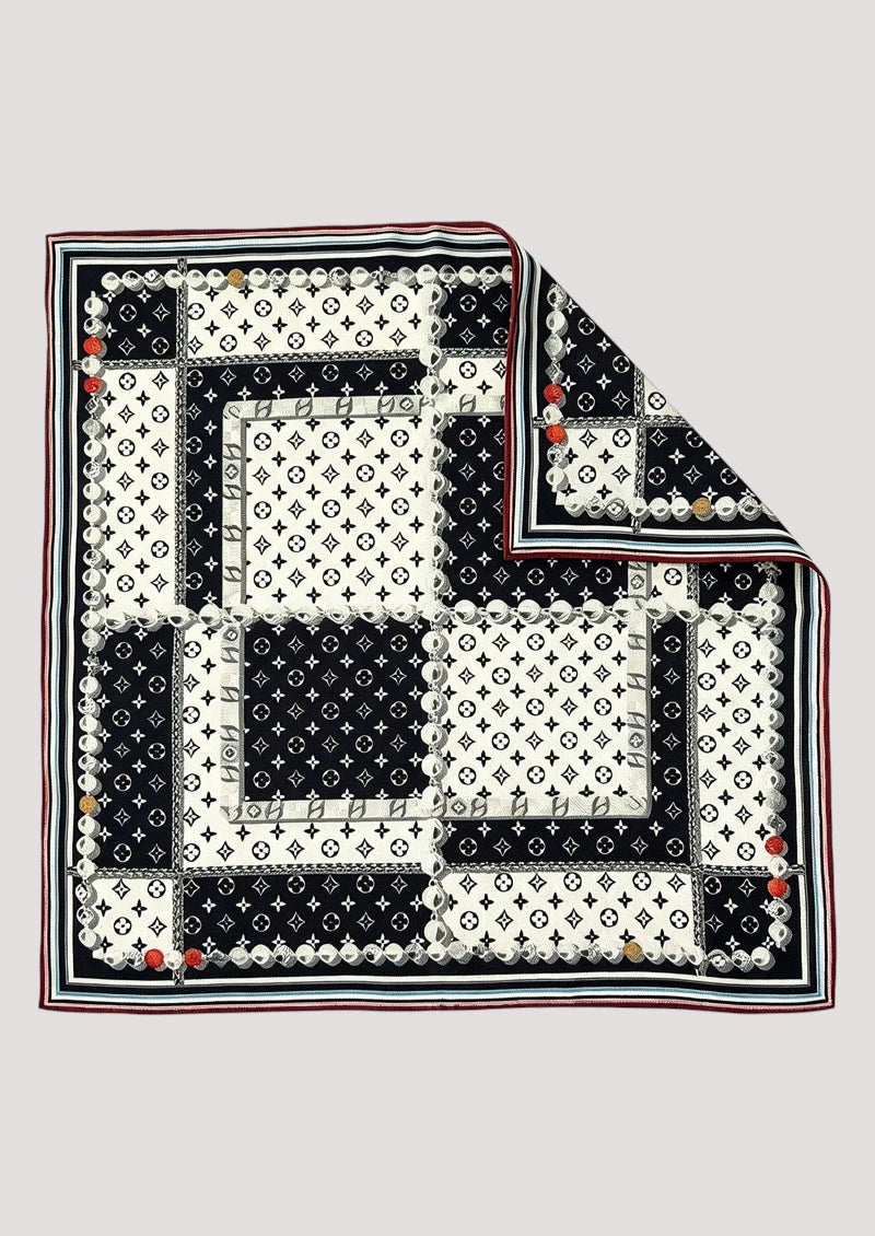 Black & Ivory Geometric Chain Wool & Silk Square Scarf