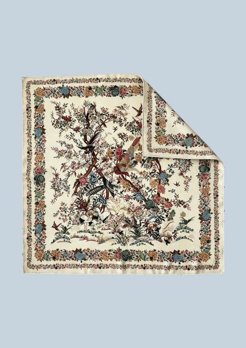 Ivory Bird & Floral Garden Wool & Silk Square Scarf