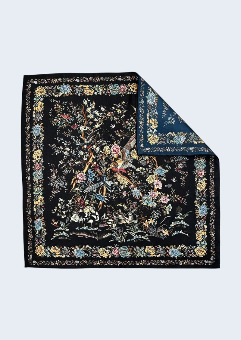 Black Bird & Floral Garden Wool & Silk Square Scarf