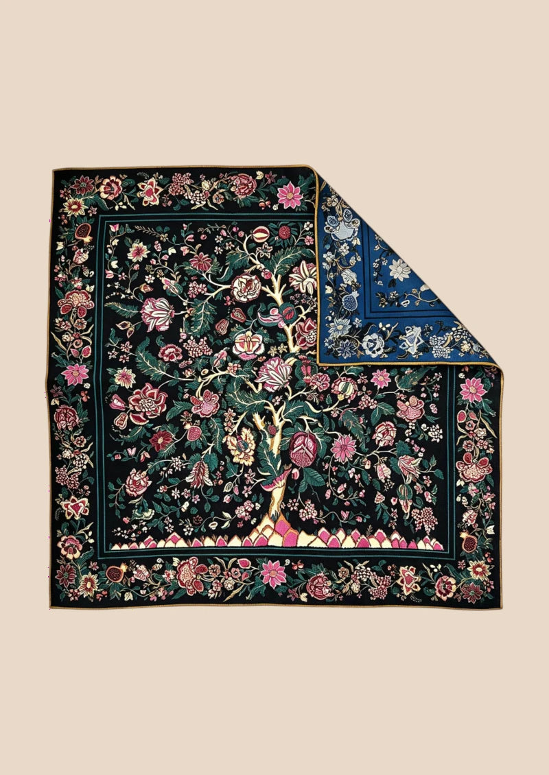 Black Floral Tree Wool & Silk Square Scarf