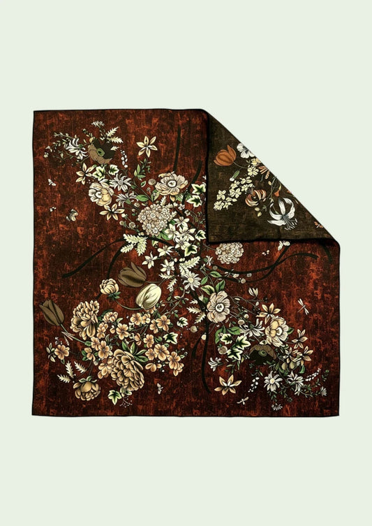 Rust Botanical Bouquet Wool & Silk Square Scarf