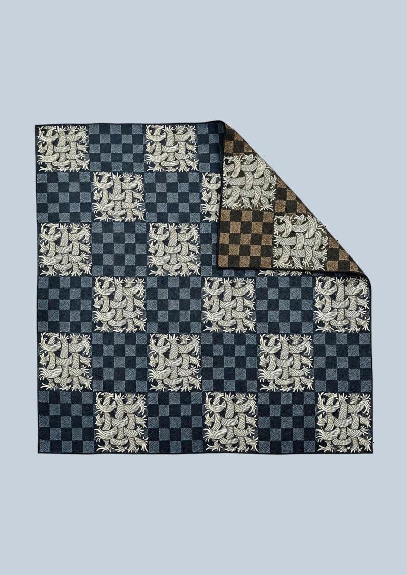 Navy Checkerboard Scroll Wool & Silk Square Scarf
