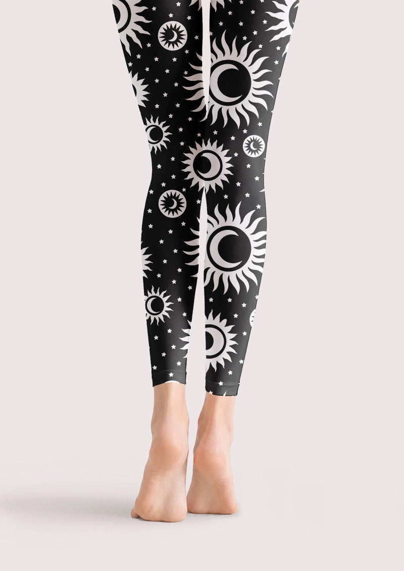 Celestial Sun Moon Print Footless Tights Hosiery Leggings