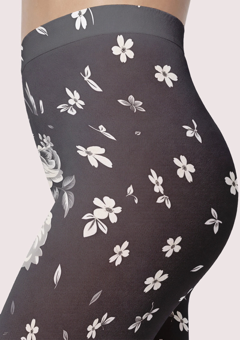 Asymmetric Black and Ivory Rose Print Footless Tights Hosiery Leggings