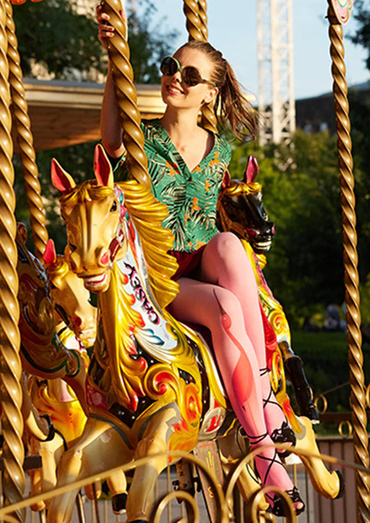 Red Crane in Azure Print Tights Hosiery Pantyhose