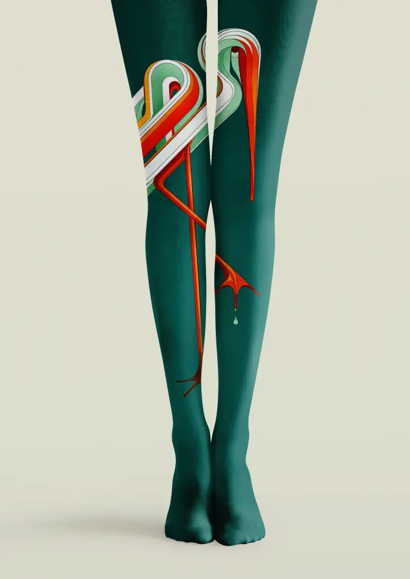 Emerald Ribbon Crane Graphic Tights Hosiery Pantyhose