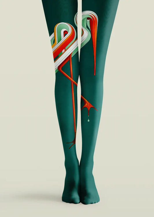 Emerald Ribbon Crane Graphic Tights Hosiery Pantyhose