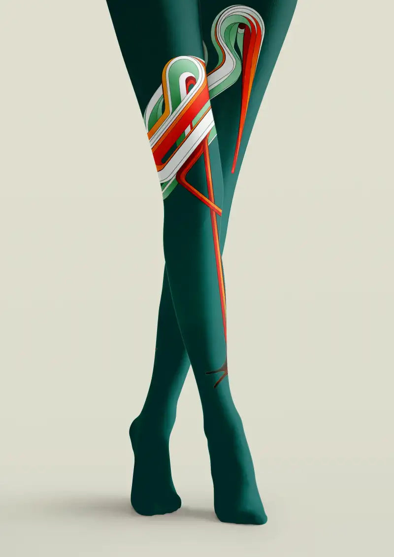 Emerald Ribbon Crane Graphic Tights Hosiery Pantyhose