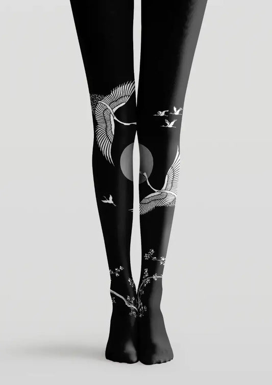 Black Crane Moon Graphic Tights Hosiery Pantyhose