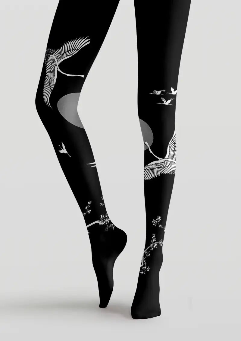 Black Crane Moon Graphic Tights Hosiery Pantyhose