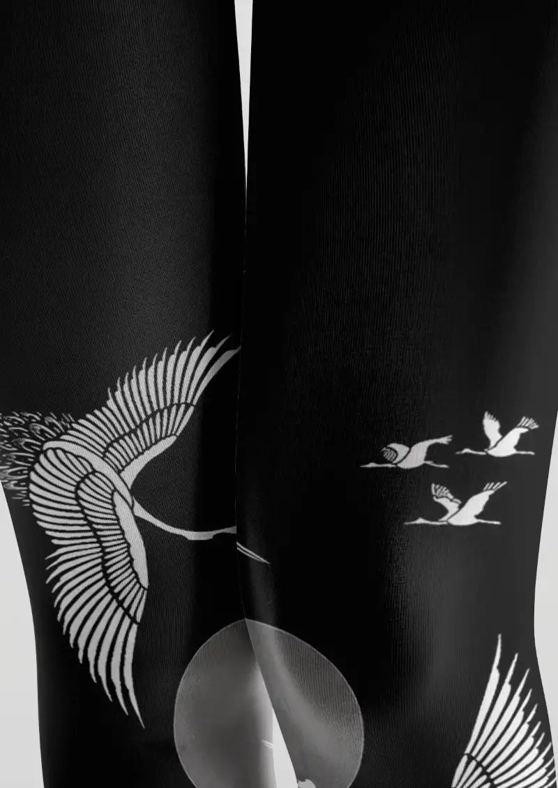 Black Crane Moon Graphic Tights Hosiery Pantyhose