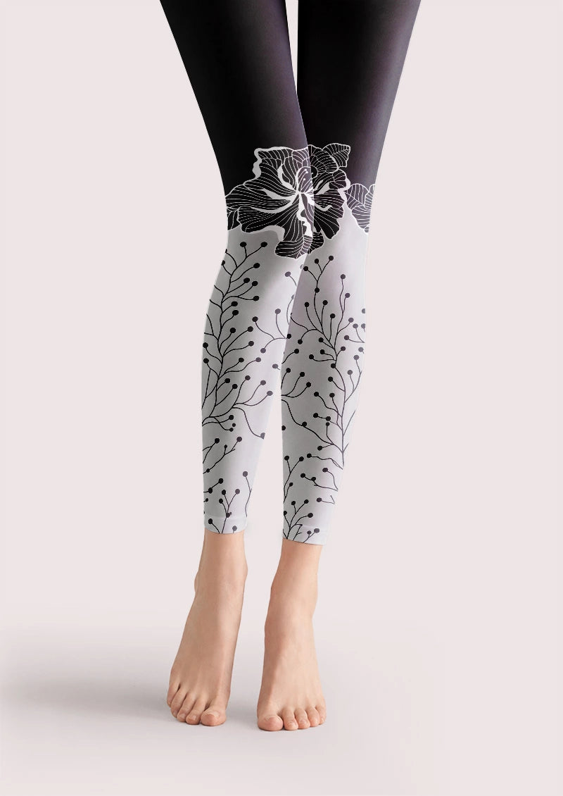 Black Floral Print Footless Tights Hosiery Leggings