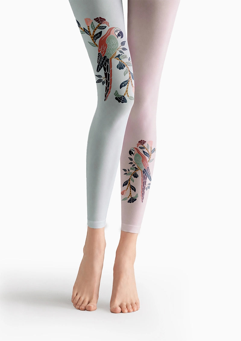 Pastel Parrot Floral Print Footless Tights Hosiery Leggings