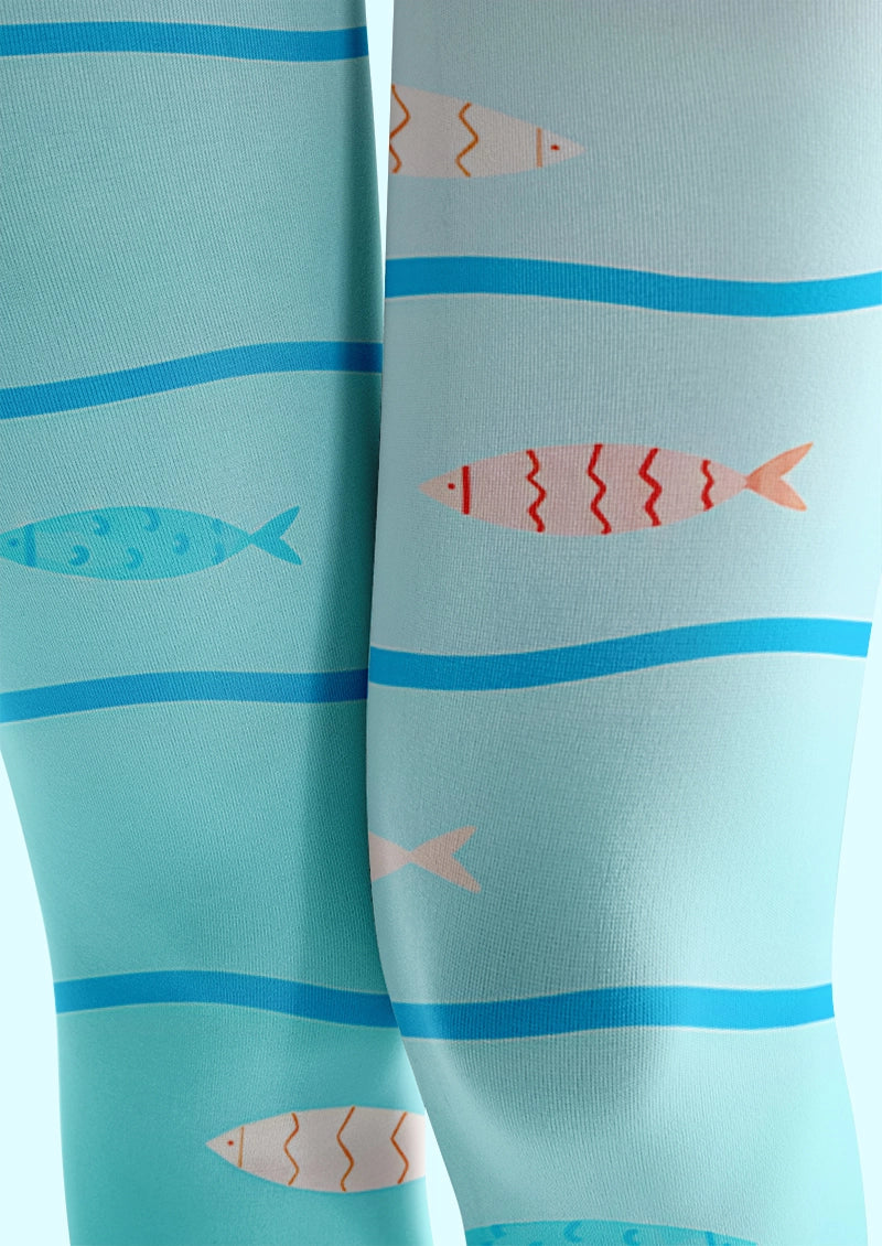 Ocean Wave Fish Print Footless Tights Hosiery Leggings